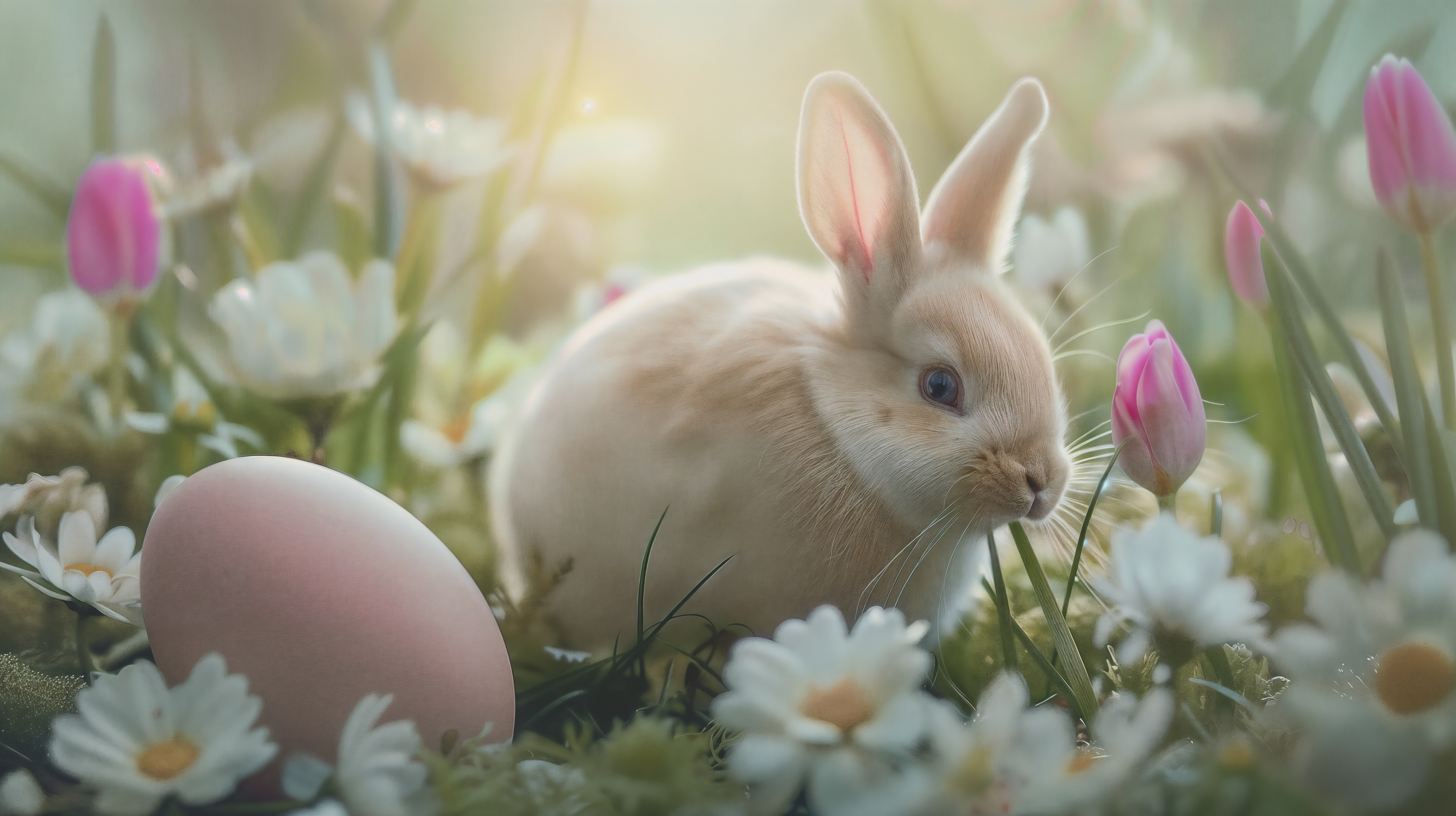 Cute Easter Bunny with Pink Egg in a Spring Meadow