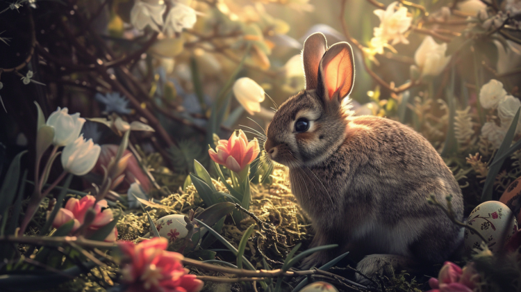 A cute Easter bunny in the forest, surrounded by blooming tulips and eggs