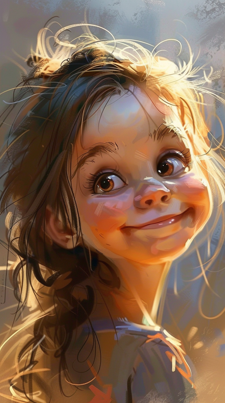 A little girl with big eyes smiles, her long hair and adorable face in the style of Pixar