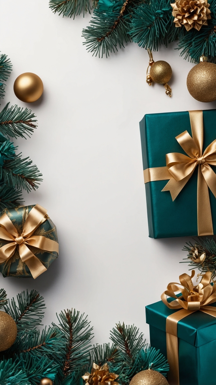 A Christmas-themed background with dark green gift boxes and golden ribbons