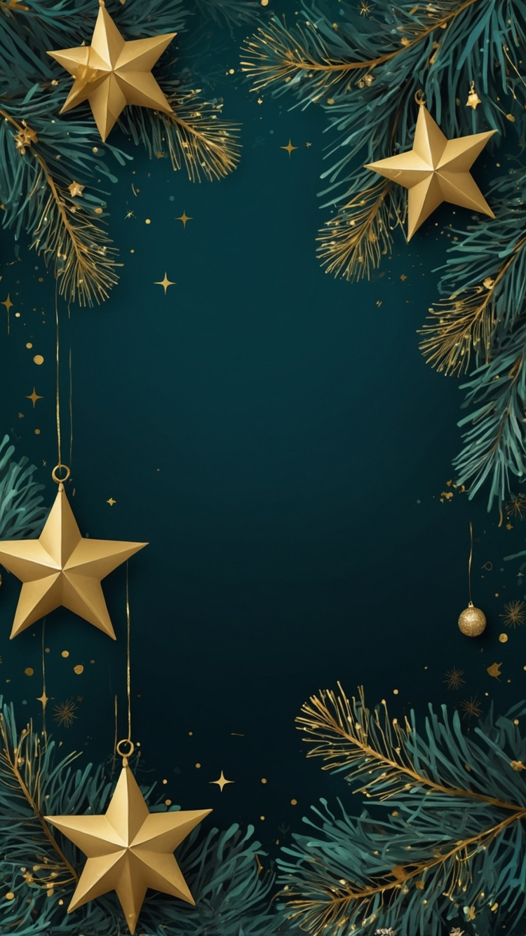 The dark green background is decorated with golden stars and pine branches