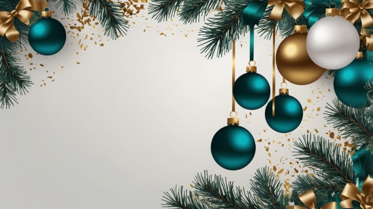 White background with teal and gold Christmas decorations