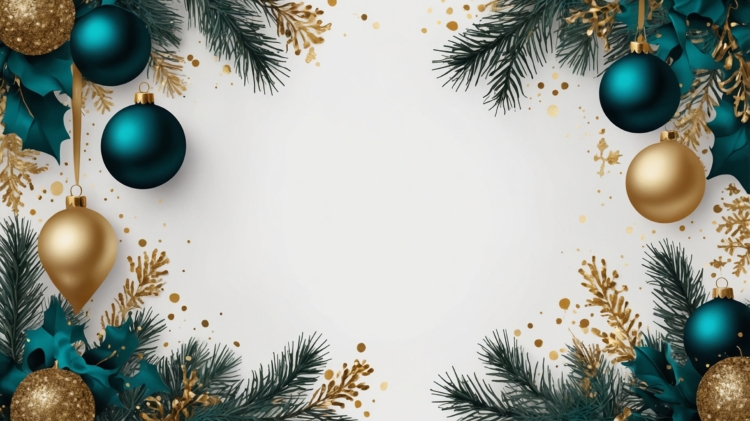 A white background with dark teal and gold Christmas decorations framing the edges