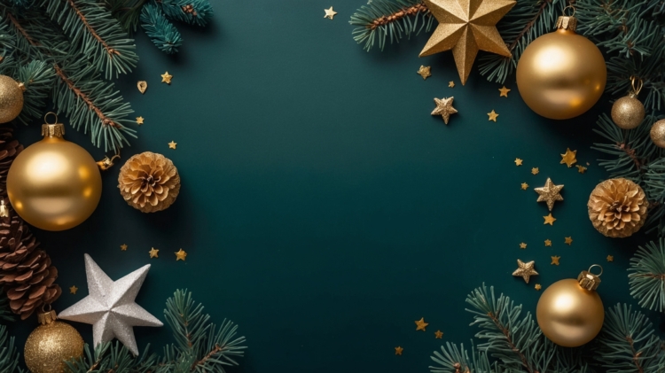 A dark green background with golden Christmas decorations