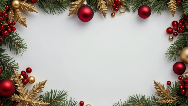 Christmas Frame with Golden Leaves and Red Ornament Balls