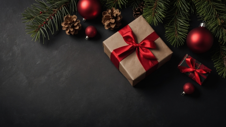 Top view of a Christmas present with a red ribbon and bow, surrounded by pine branches and ball decorations on a dark background.