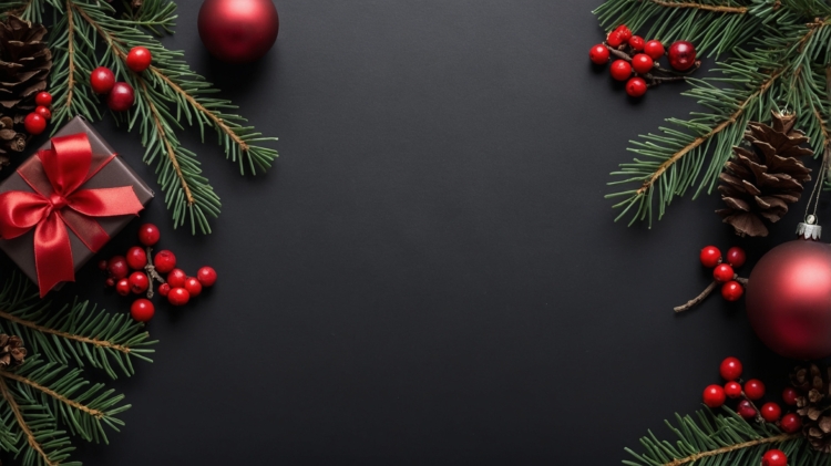 Black Christmas background with decorations like pine branches, gift boxes, and holly berries on the left, with space for text.