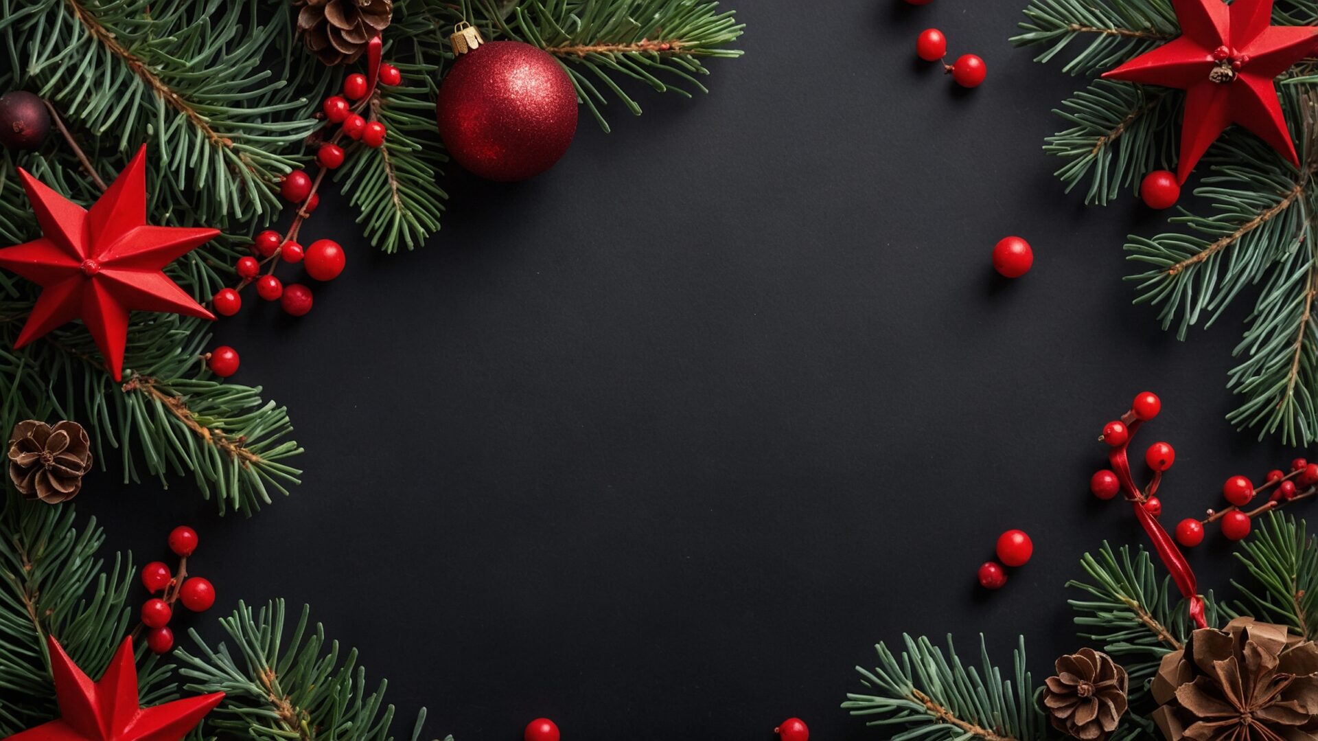 Black Christmas Card Template with Fir Branches and Red Stars