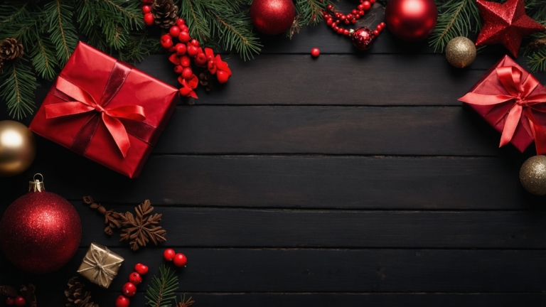 Dark Wooden Christmas Template with Pine and Gift Decor