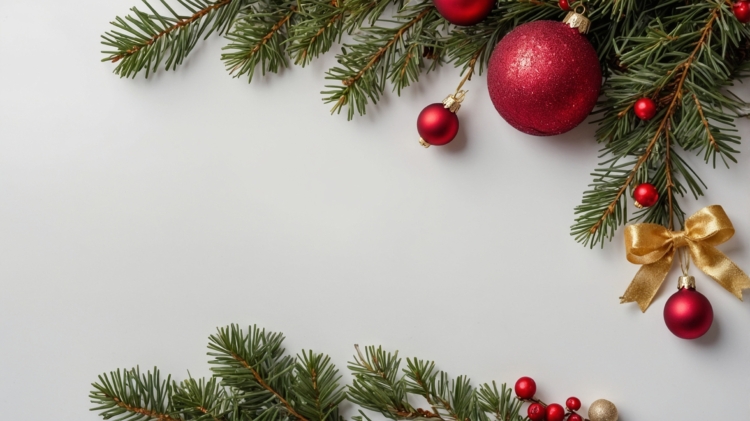 Christmas frame with red ornaments, a golden bow on the right, and green spruce branches in the bottom left on a white background.