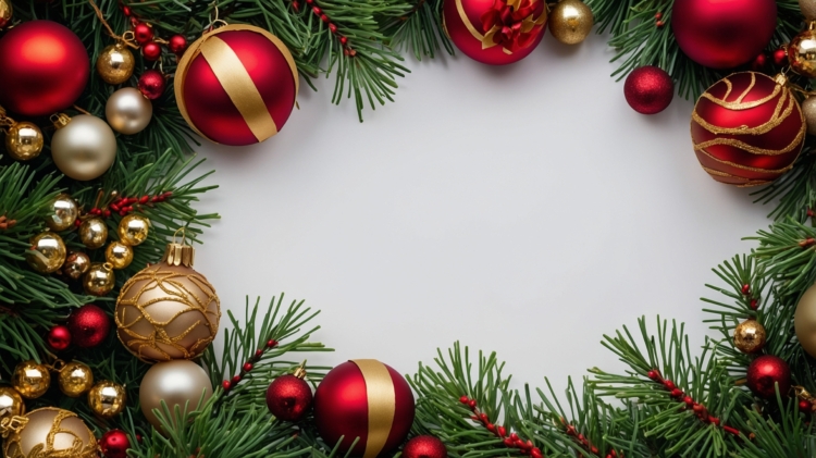 Christmas wreath with red and gold ornaments on a white background, bordered by evergreen branches and space for text.