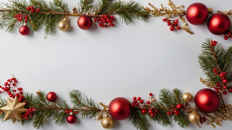 Christmas frame with red and gold decorations, pine branches, and berries on a white background with space for text. Flat lay.