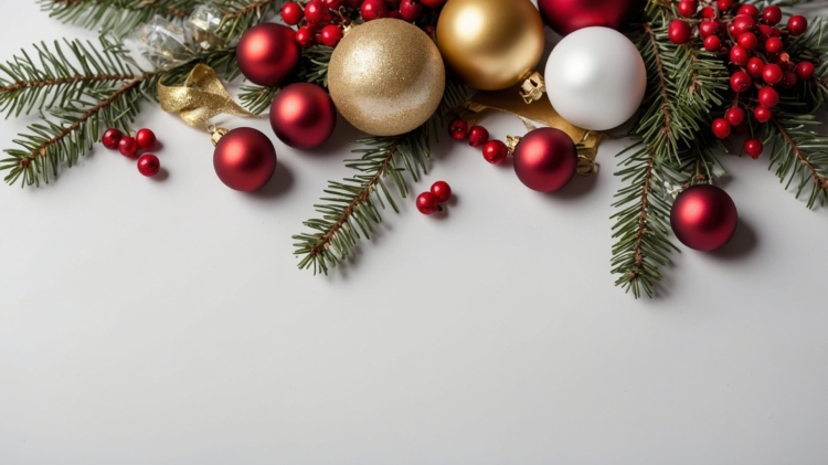 Christmas background with red, gold, and white ornaments, evergreen branches, and berries on a white tabletop, perfect for a card