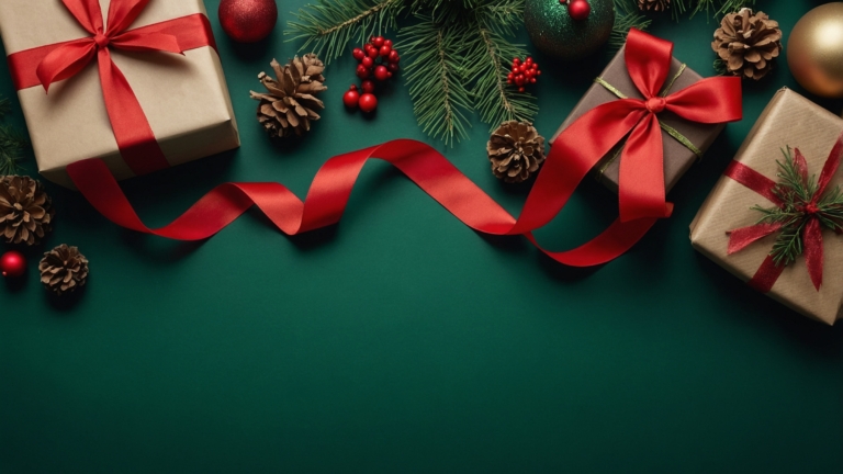 Christmas Gifts with Red Ribbon on Green Table