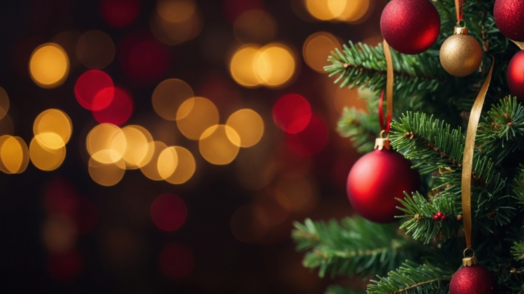 Close-up of a Christmas tree adorned with red and gold ornaments, set against a blurred bokeh light background with copy space.