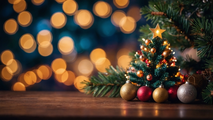 A decorated Christmas tree on a wooden table with a blurred lights background, showcasing vibrant colors and a beautiful bokeh effect.