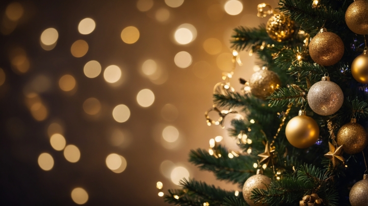 A decorated Christmas tree with gold ornaments and a bokeh background, creating a festive atmosphere with sparkling lights and elegant details.