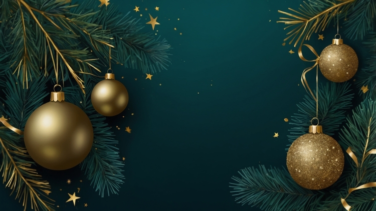 Christmas background with golden ornaments, pine branches, and stars on a dark green background, perfect for holiday banners or cards.