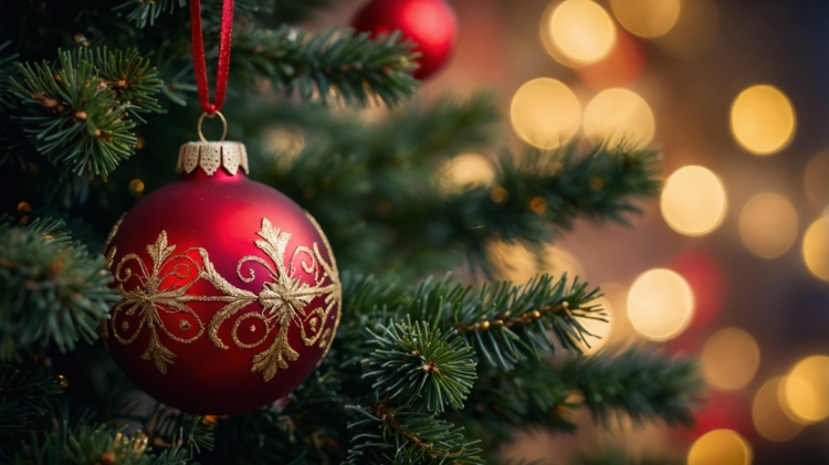 Close-up of a red Christmas ornament on a pine tree with blurred lights in the background, creating a festive holiday atmosphere.