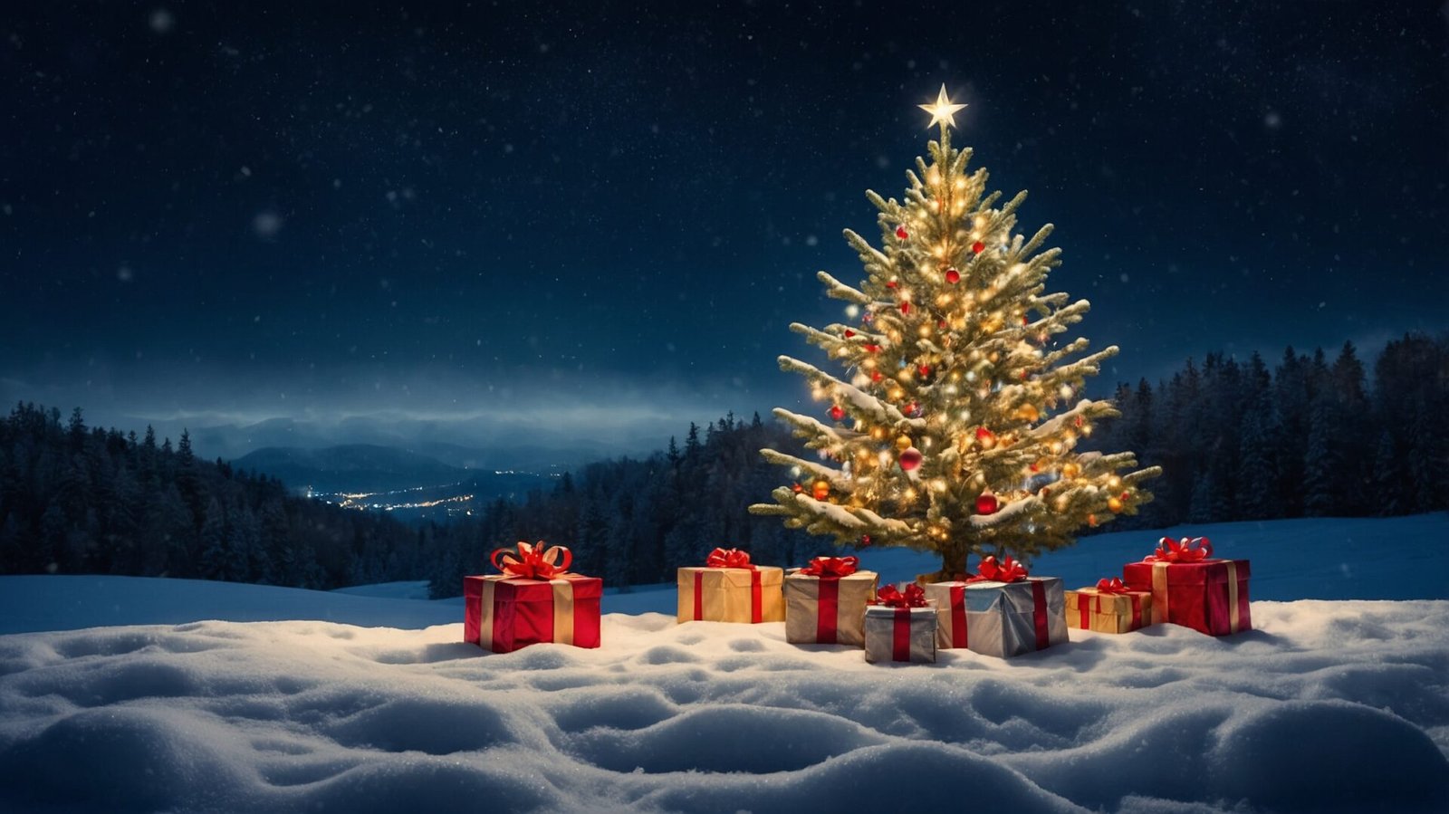 A beautiful Christmas tree with lights and presents in the snow at night, with a snowy landscape, starry sky, and warm lighting.