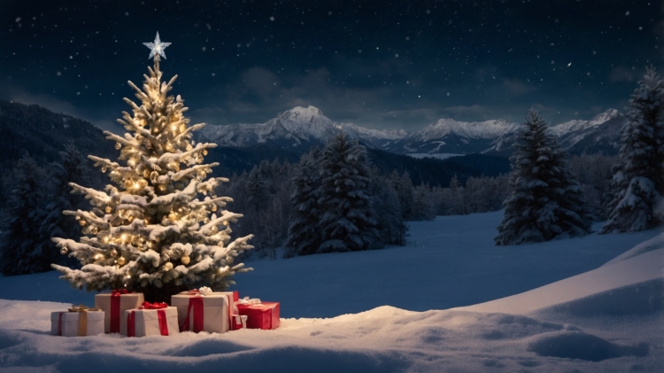 A Christmas tree with lights and presents in a snowy alpine valley at night, with a bright star on top and gently falling snowflakes.