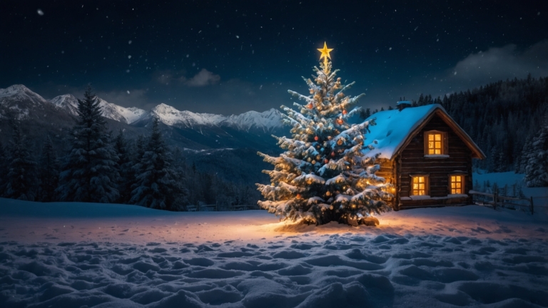 Cozy Christmas Cabin in a Snowy Mountain Night