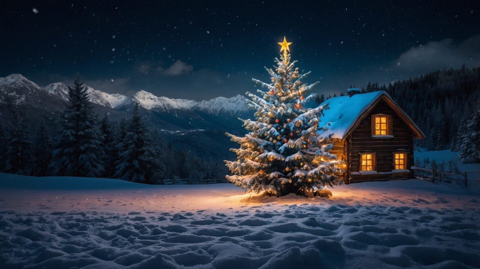 A cozy wooden house and illuminated Christmas tree in a snowy mountain landscape at night, with snowflakes falling gently around.