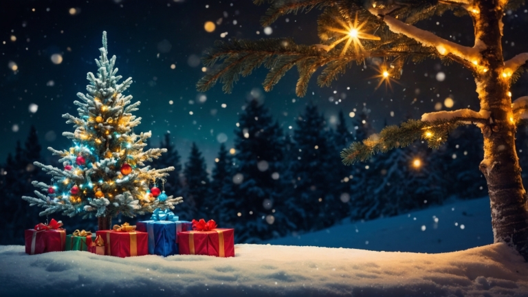 Snowy Night Christmas Scene with Decorated Tree and Gifts