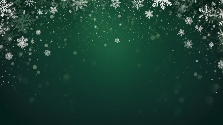 A dark green background with white snowflakes falling from the top left corner, providing an elegant festive backdrop for Christmas or New Year celebrations.