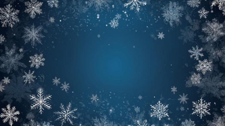 Blue background with white snowflakes and empty space in the center for text or images, ideal for a winter-themed banner or wallpaper.