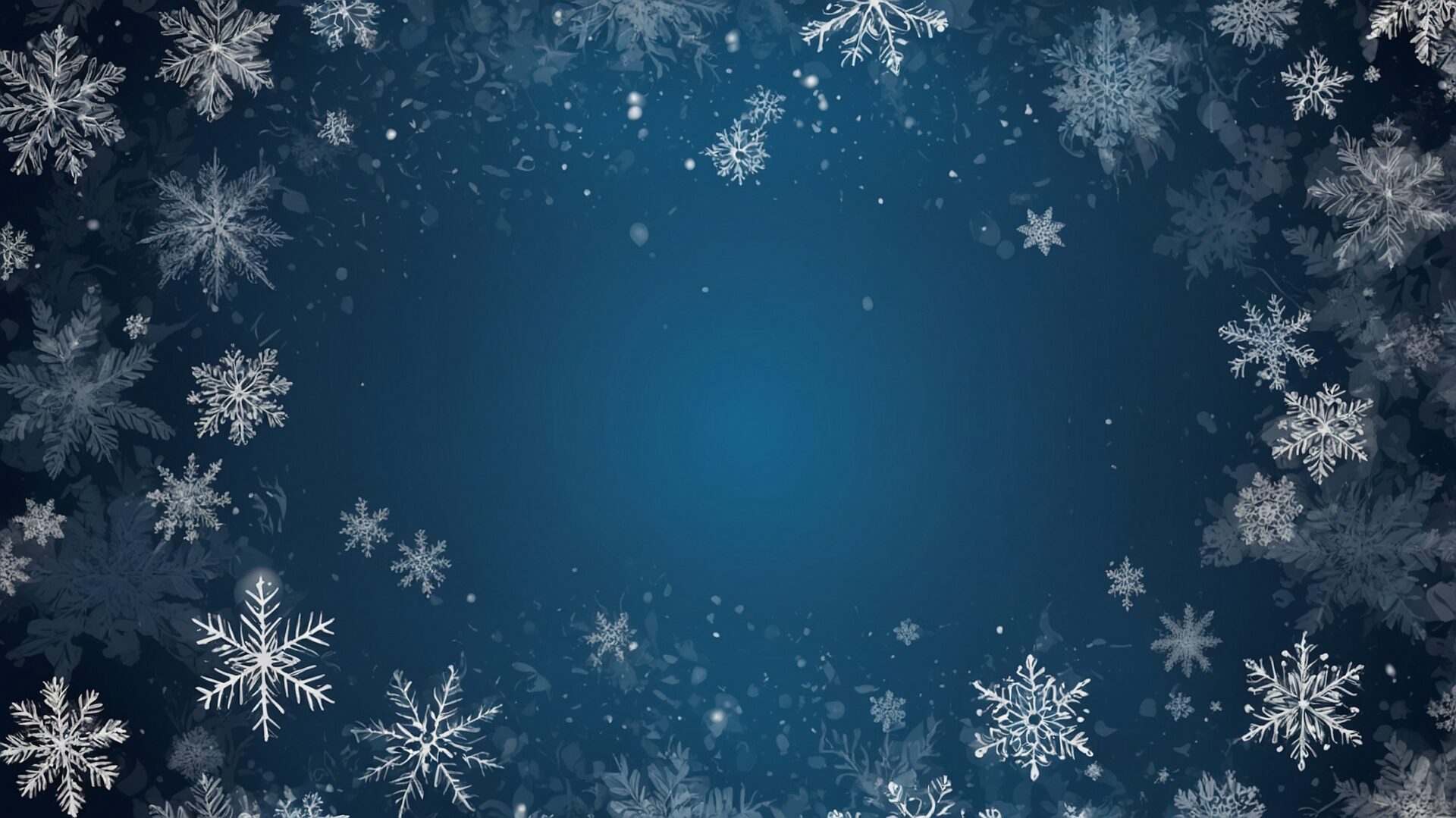 Blue background with white snowflakes and empty space in the center for text or images, ideal for a winter-themed banner or wallpaper.