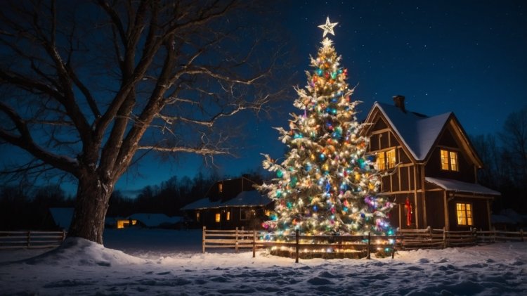 A large Christmas tree with colorful lights stands in front of an old wooden house at night, surrounded by snow-covered ground and trees.