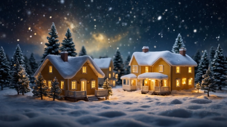 A beautiful Christmas village with warm, yellow wooden houses, snow-covered trees, and falling snowflakes in the night sky. A magical winter scene.