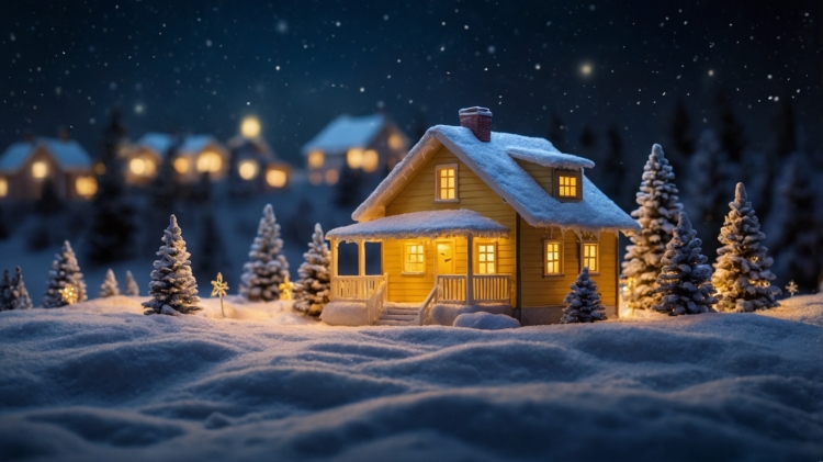 A cozy yellow house with lights on in the snow, surrounded by small trees and a dark blue sky at night, creating a warm winter atmosphere.