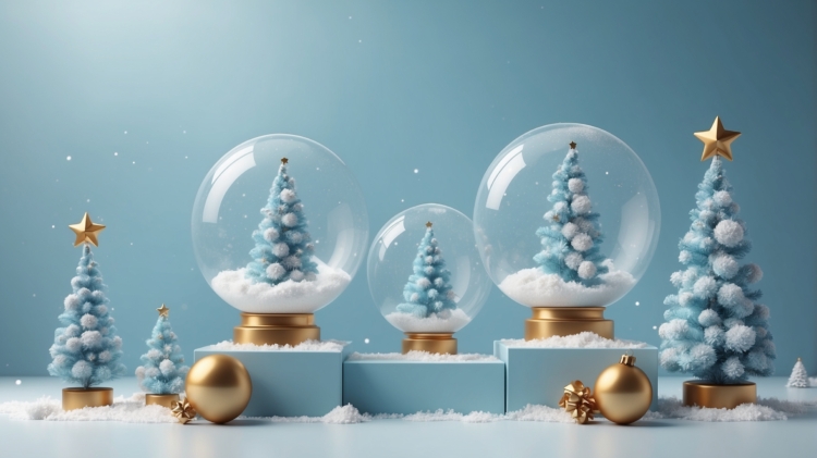 3D rendering of three snow globes with Christmas trees inside, on gold and white pedestals against a light blue background, minimalistic style.