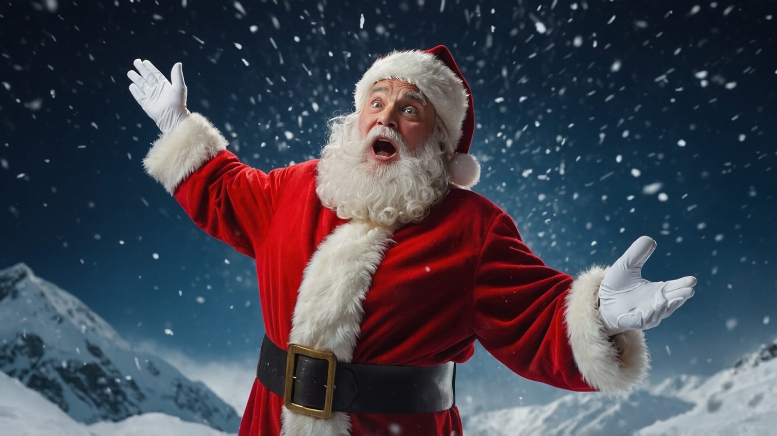 Realistic photo of Santa Claus standing in the snow, looking surprised and happy, hands raised, with snowy mountains and a dark blue sky behind him.