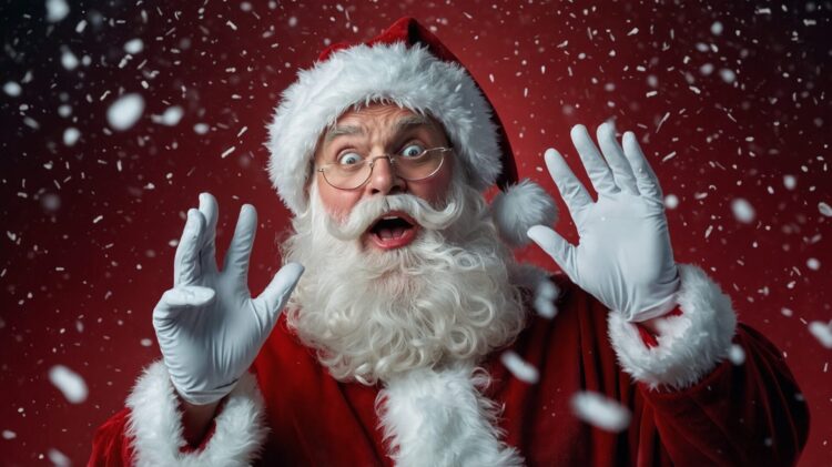 High-resolution photo of Santa Claus with a surprised expression, open mouth, raised hands in white gloves, with snow falling and a red wall behind him.