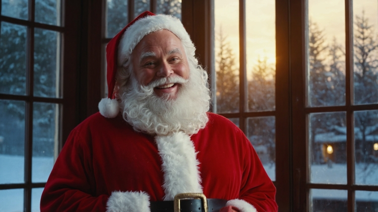 Santa Claus smiling while sitting at a table in front of large windows, with a snowy landscape outside and warm interior lighting creating a cozy atmosphere.