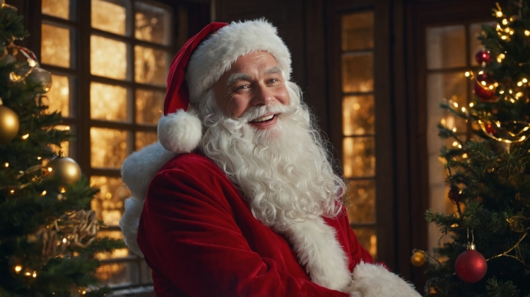 Santa Claus smiling while sitting in his luxurious house, surrounded by Christmas decorations, wearing a red velvet suit in warm evening lighting.