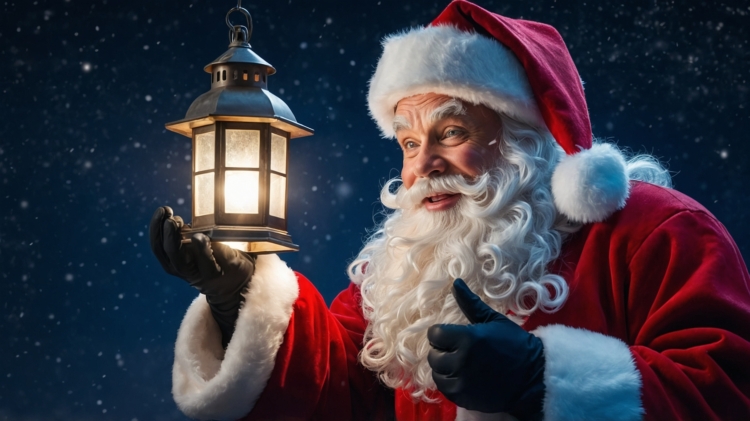 Santa Claus holding up an antique lantern, pointing to its light with a happy expression, wearing a red suit, against a night sky background.