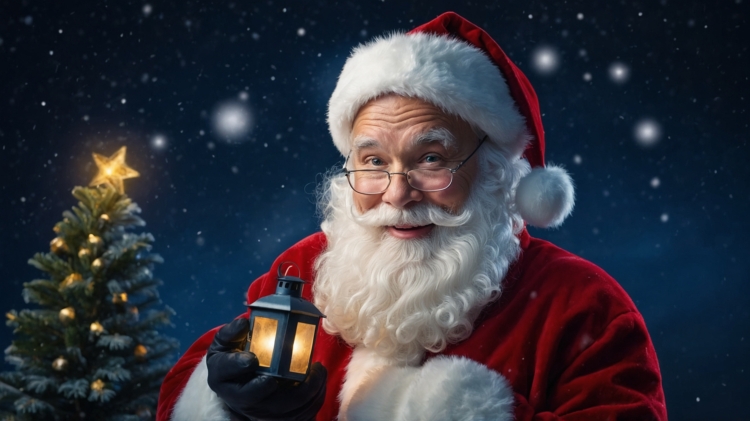 Santa Claus holding a lantern with a happy expression, standing in front of a Christmas tree, with a snowy scene and starry night sky.