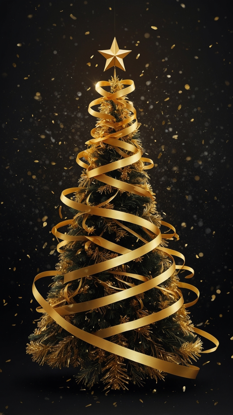 A Christmas tree made of golden ribbons with a top star and garland, glowing against a black background, creating an elegant spiral design.