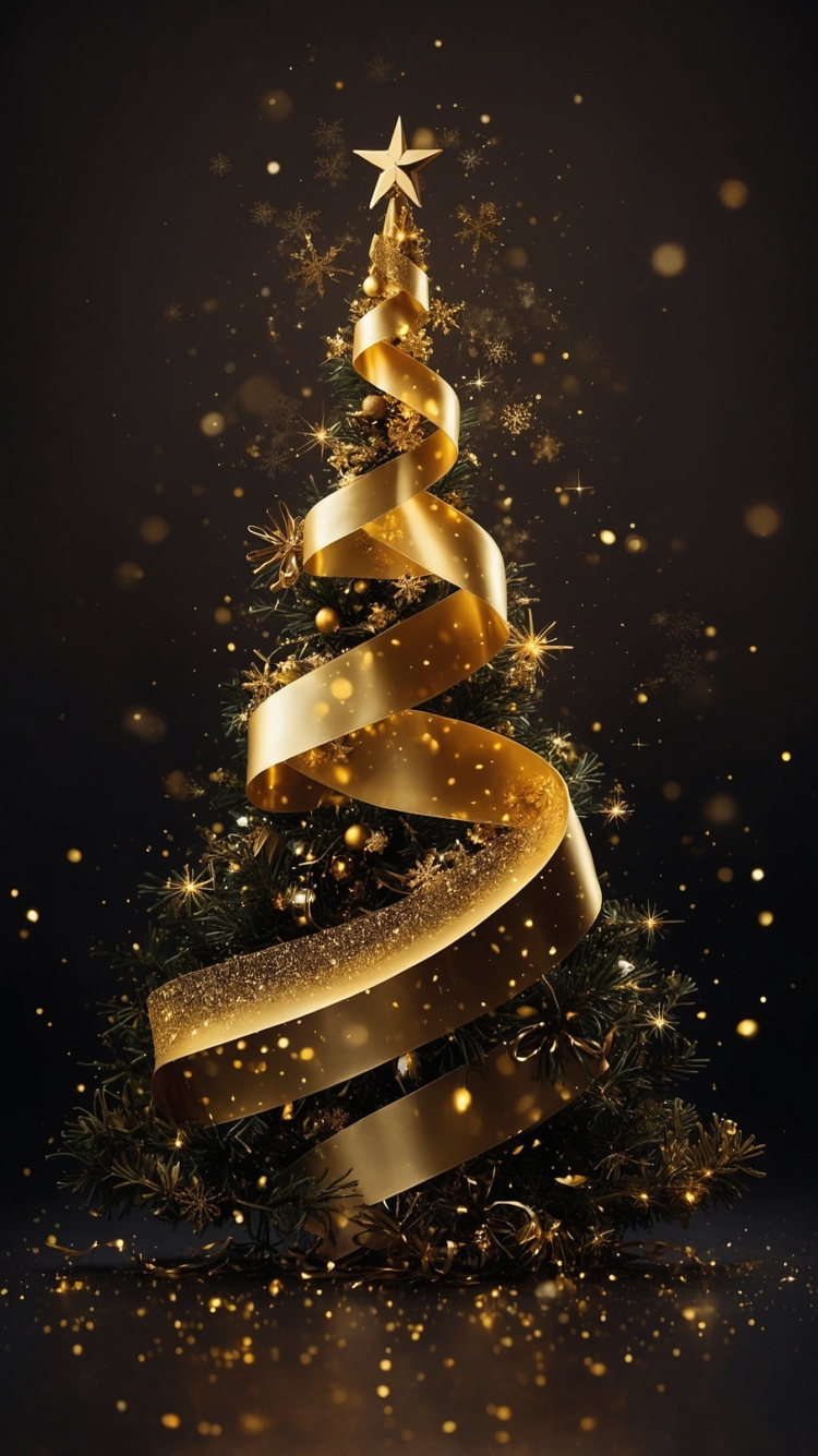 A Christmas tree made of golden ribbons with twinkling stars and glitter, set against a black background, creating a festive New Year's Eve atmosphere.