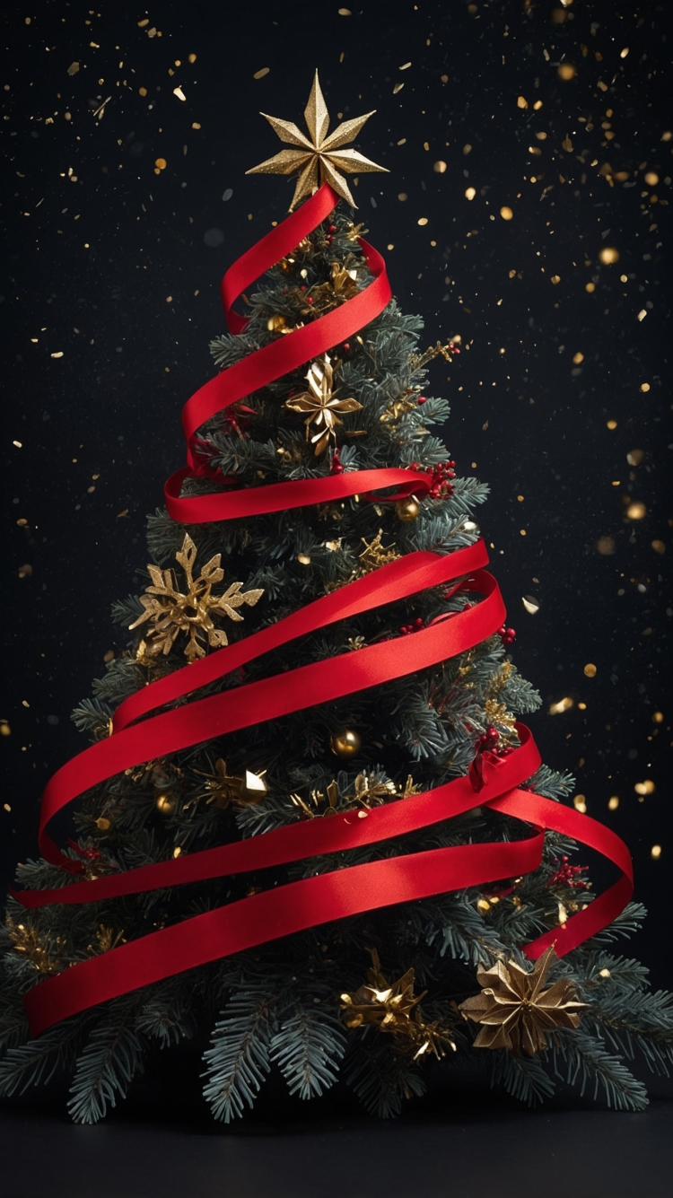 A Christmas tree decorated with red ribbons and gold stars against a black background. Hyper-realistic photography with ultra-detailed rendering.