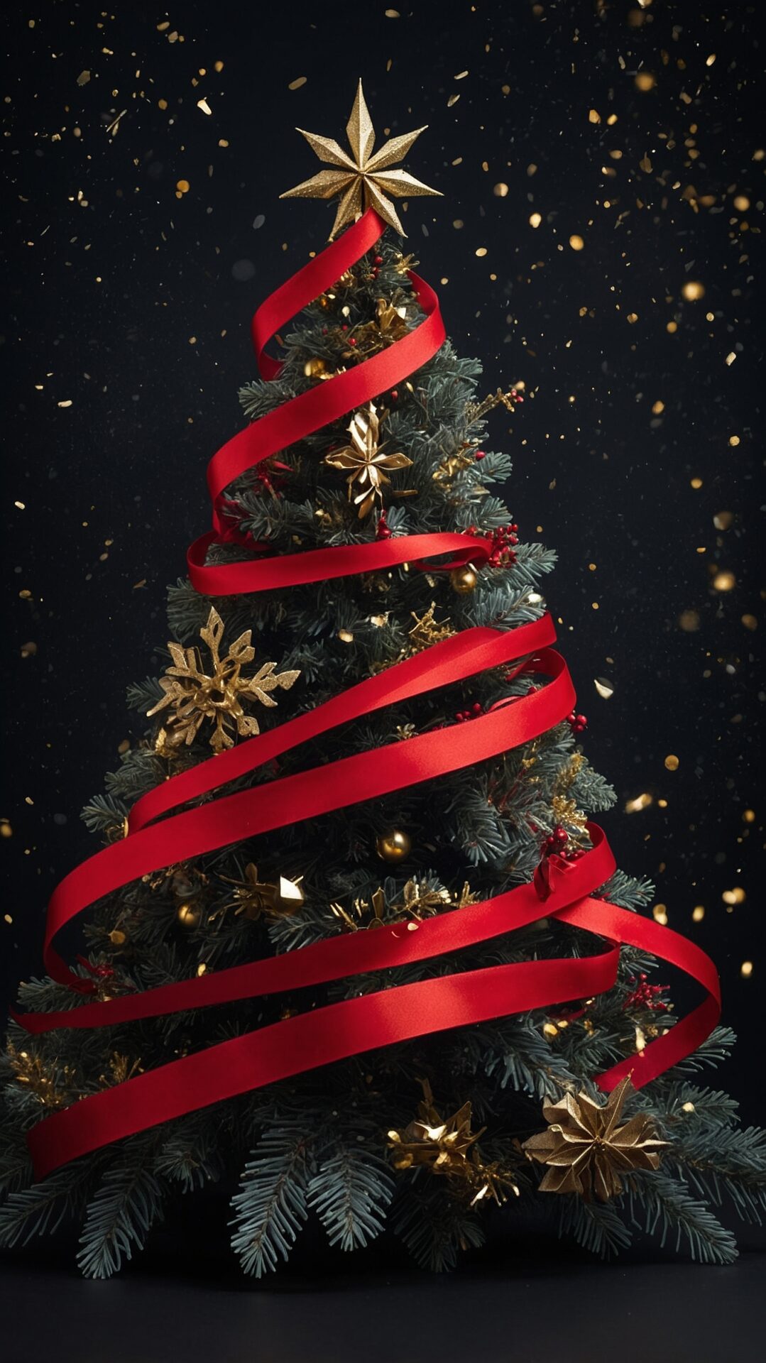 Elegant Christmas Tree with Red Ribbons and Gold Stars