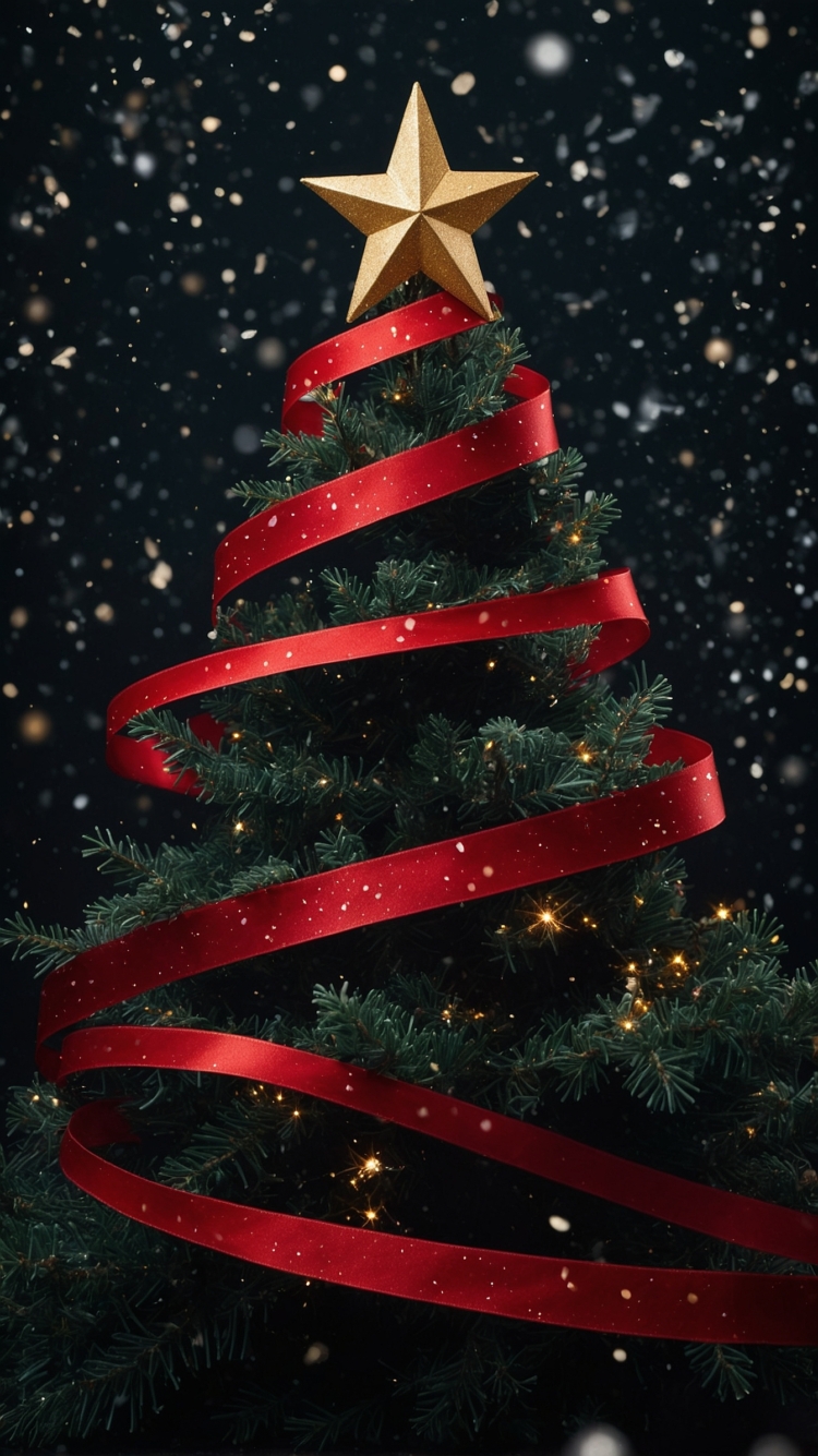 Beautiful Christmas Tree Design with Ribbon and Falling Snow