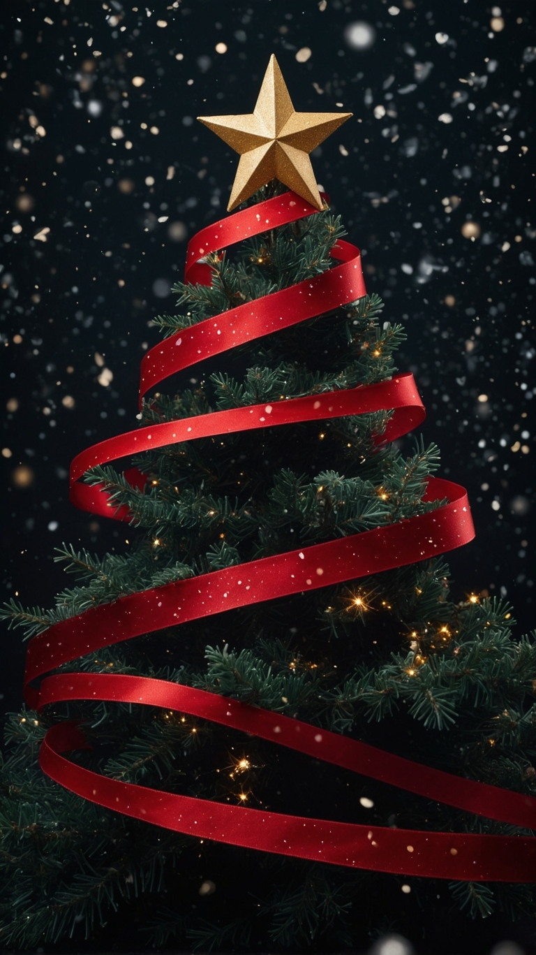Beautiful Christmas Tree Design with Ribbon and Falling Snow