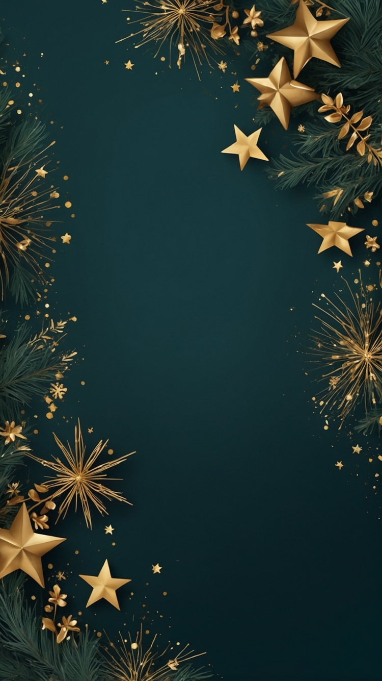 A dark green background with golden stars and pine branches, creating an elegant Christmas atmosphere for mobile wallpaper.