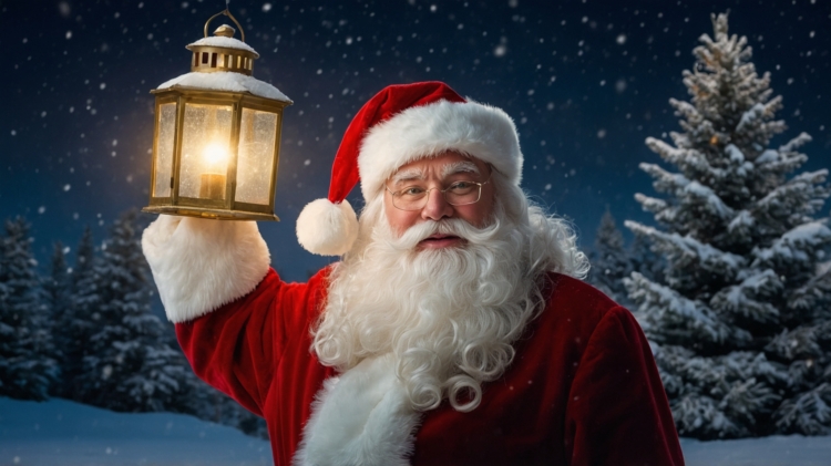 Santa Claus holding an old lantern stands under a dark blue sky, illuminated by its light against snow-covered trees.