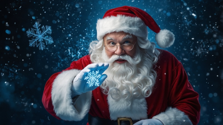 Santa Claus holding a snowflake, smiling in a red suit and blue gloves, against a dark background with falling snowflakes.